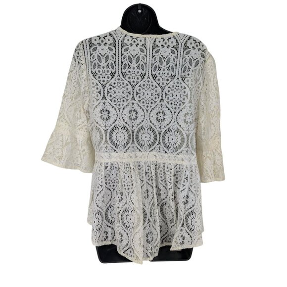 Chicos Sheer Lace Peplum Top Size M Zip Up Bell Sleeve Floral Feminine Romantic - Picture 2 of 11